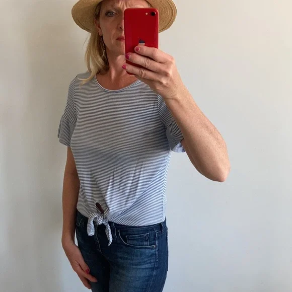 Blue & White Stripe Ruffle Sleeve Top - Picture 4 of 10